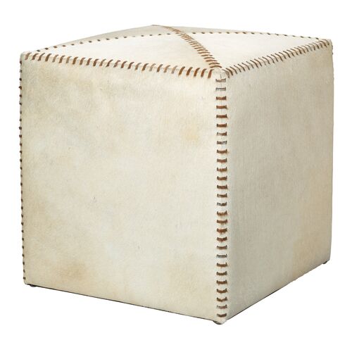 Small Hide Square Ottoman, White/Brown 1 Small Hide Square Ottoman, White/Brown