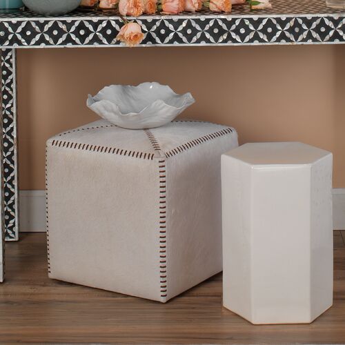 Small Hide Square Ottoman, White/Brown 2 Small Hide Square Ottoman, White/Brown