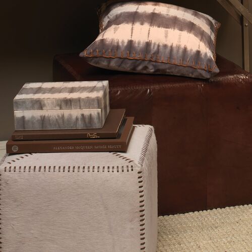 Small Hide Square Ottoman, White/Brown 3 Small Hide Square Ottoman, White/Brown