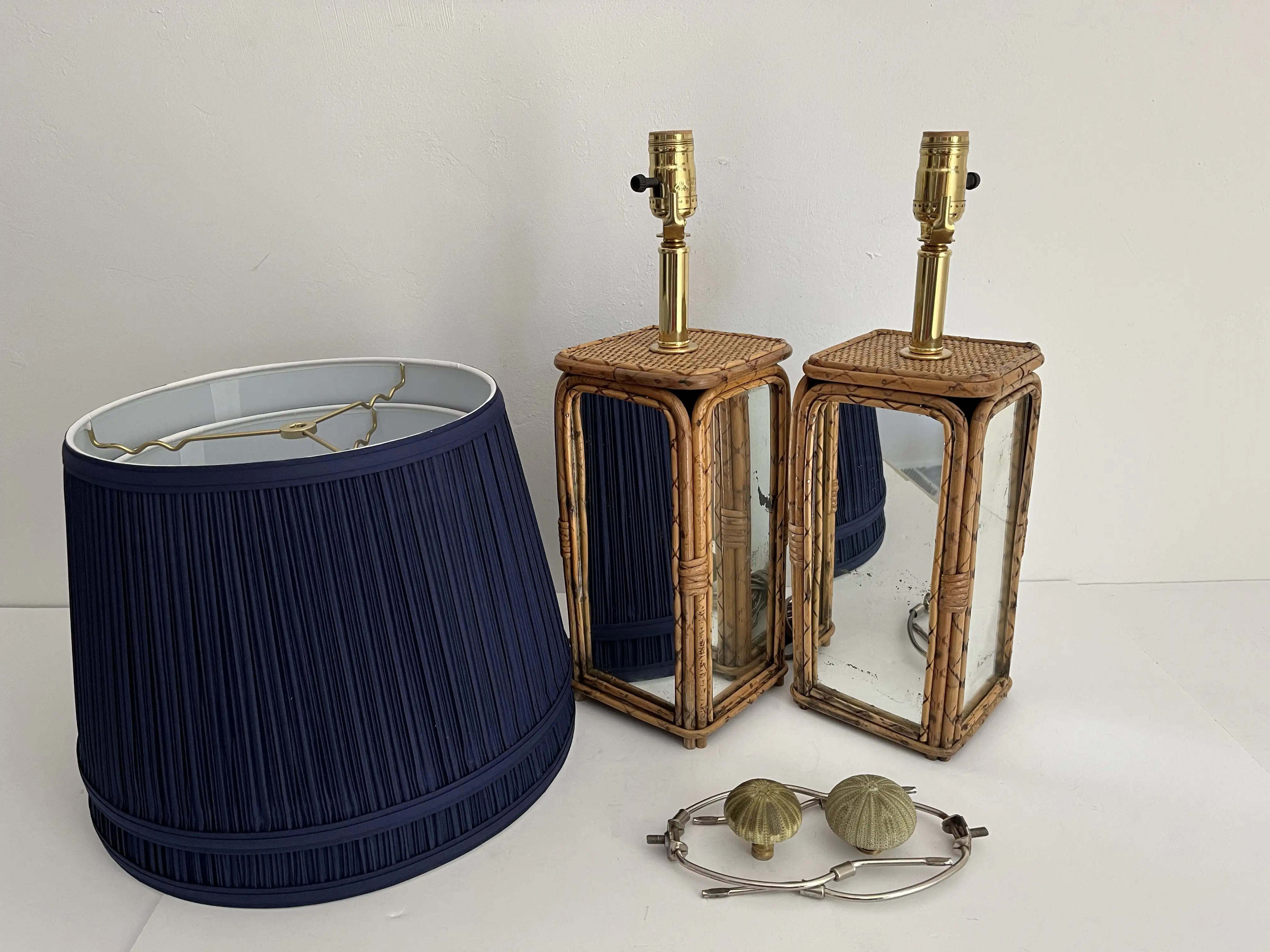 Mirrored Bamboo Lamps w/Shades, Pair 2 Mirrored Bamboo Lamps w/Shades, Pair