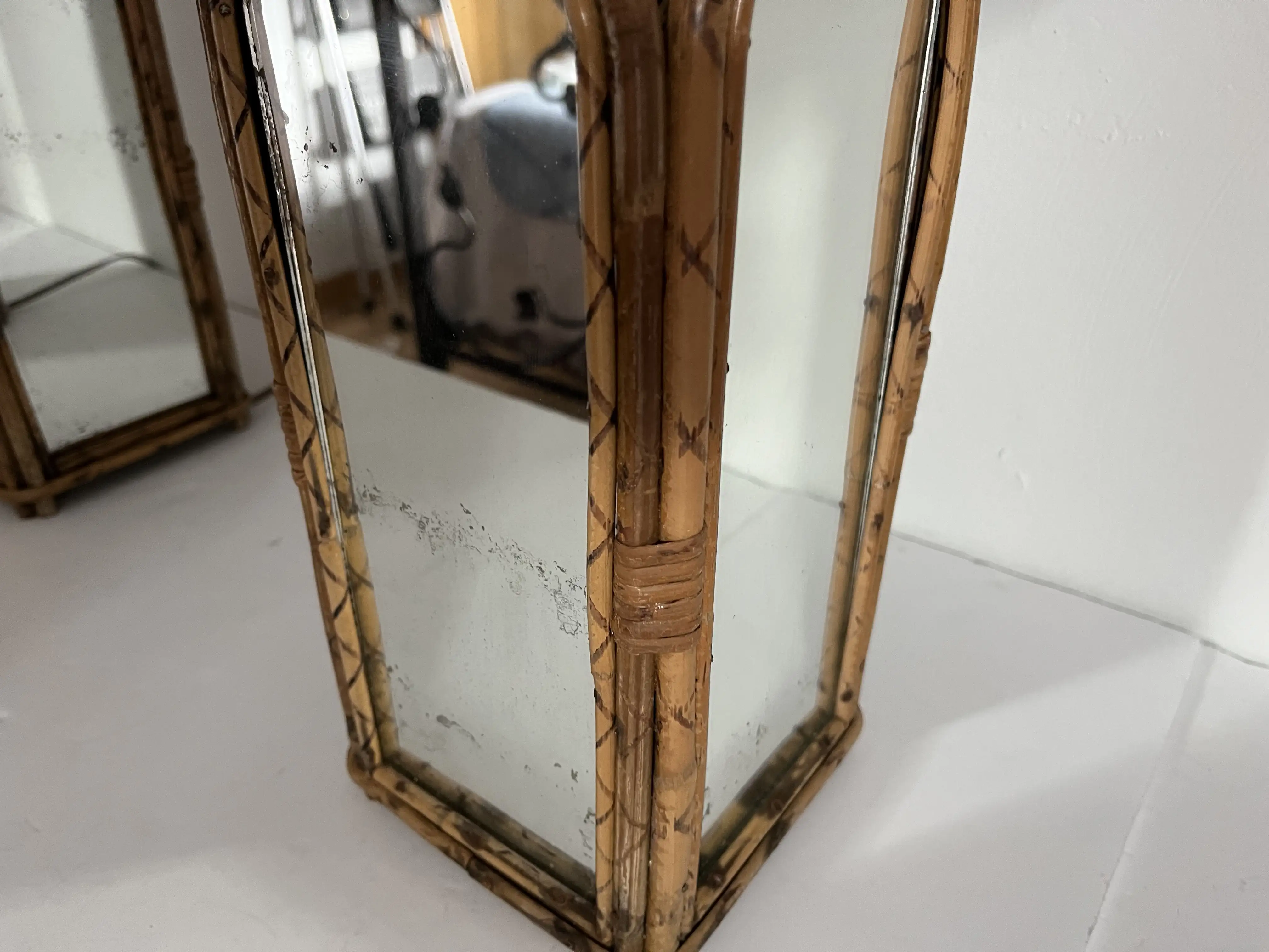 Mirrored Bamboo Lamps w/Shades, Pair 5 Mirrored Bamboo Lamps w/Shades, Pair