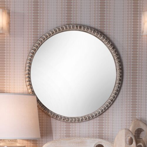 Audrey 30" Round Wall Mirror, White Washed Wood 3 Audrey 30" Round Wall Mirror, White Washed Wood