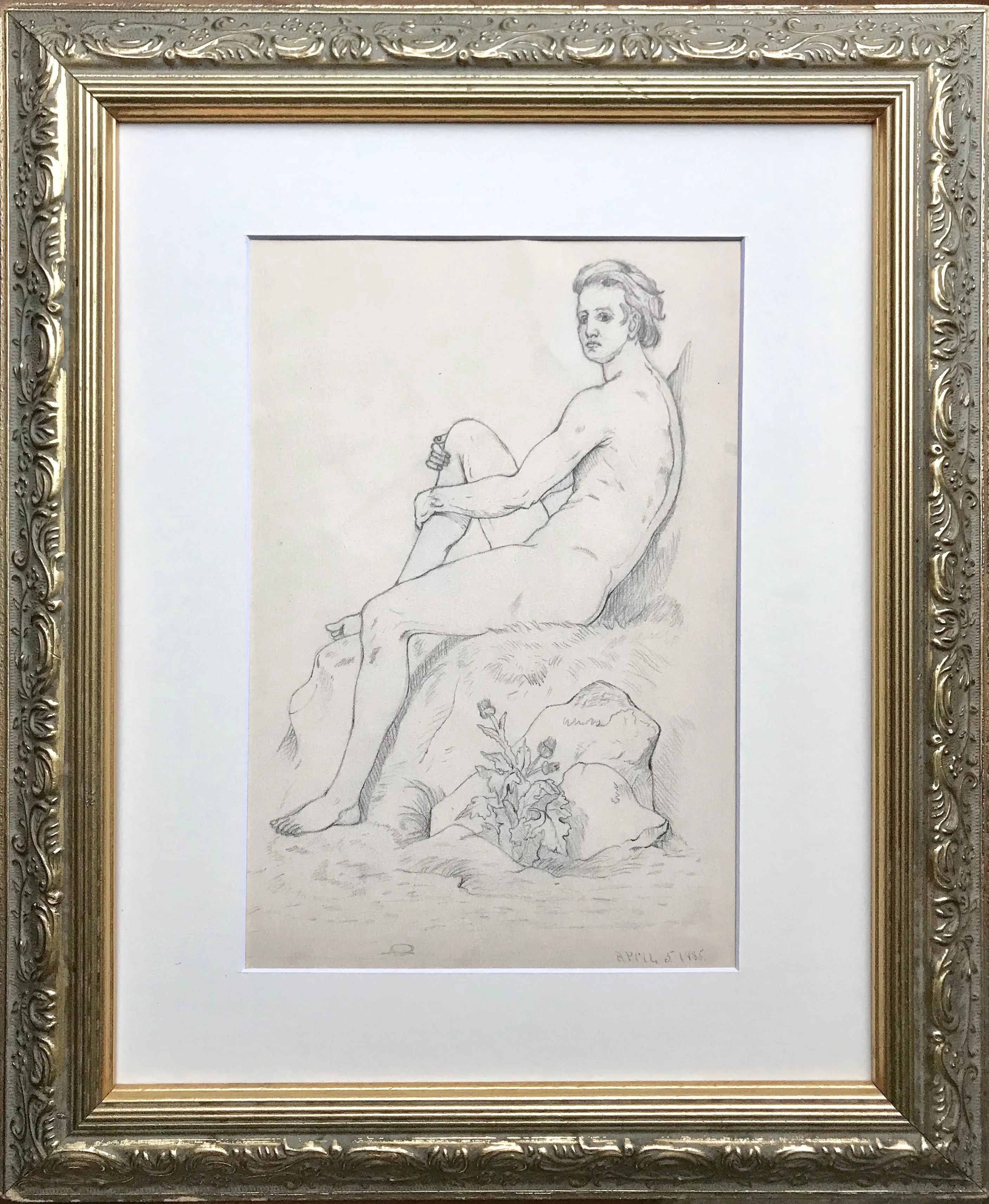 19th-C. Neoclassical Male Nude Drawing