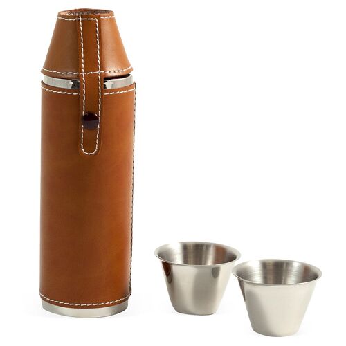 Leather 10 oz Flask w/ Cups, Saddle
