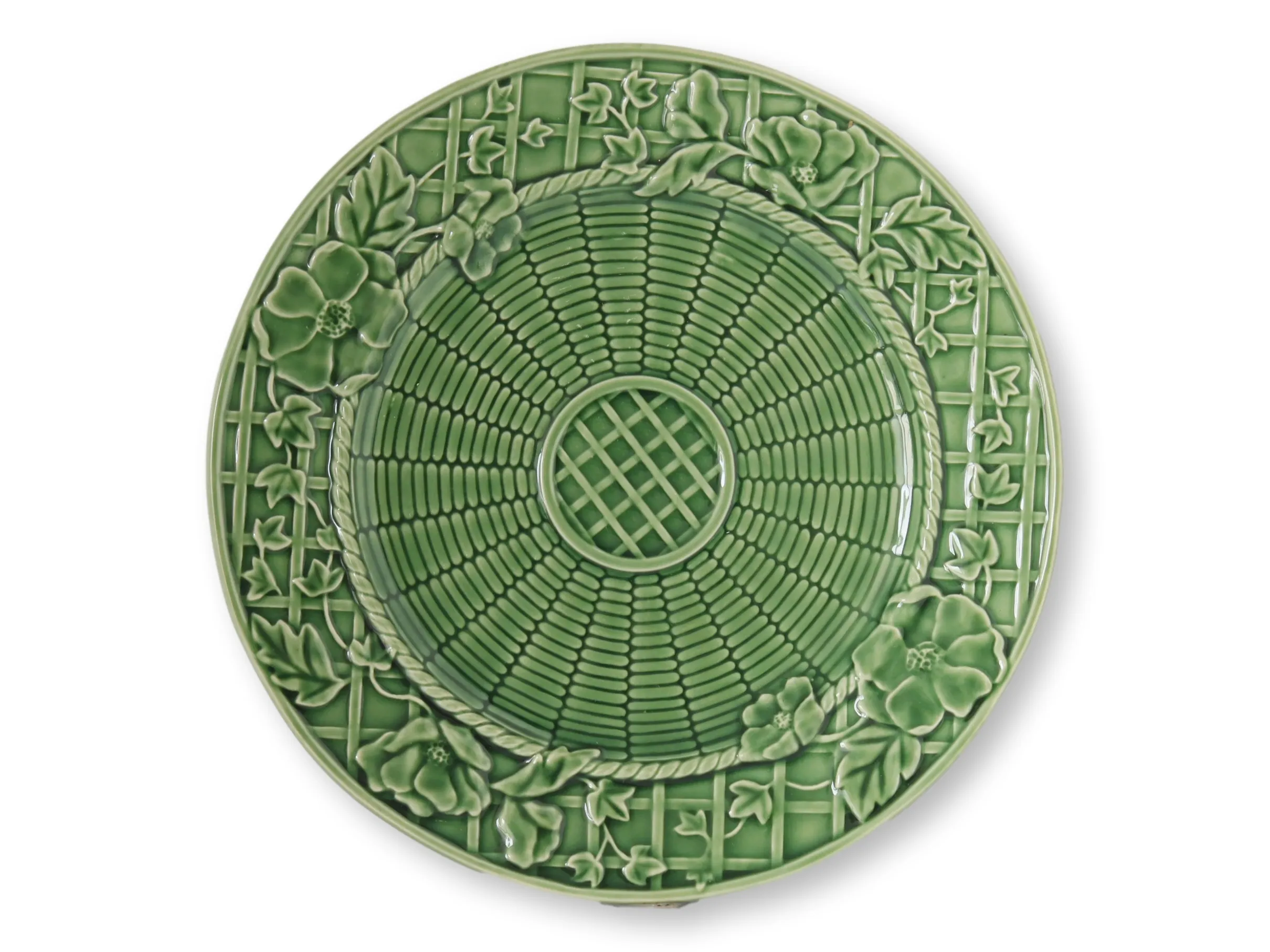 Vintage Majolica Floral Basket Plate