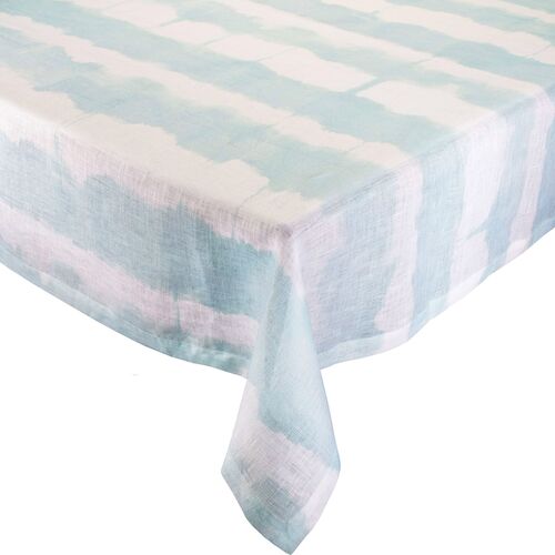 Watercolor Stripe Linen Tablecloth, White/Seafoam