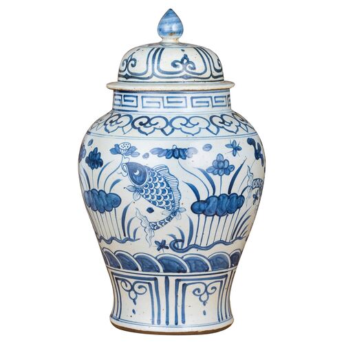 16" Small Fish Temple Jar, Blue 1 16" Small Fish Temple Jar, Blue