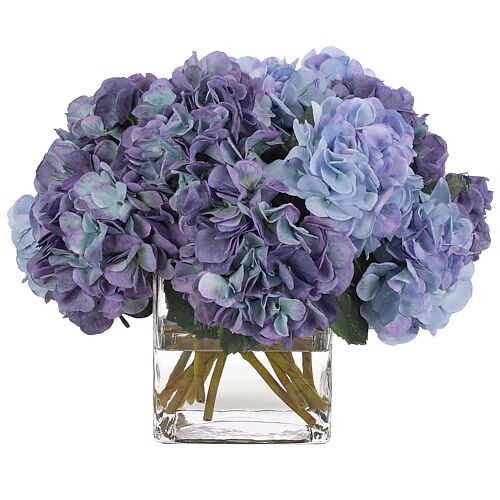 14" Hydrangea Arrangement in Glass Vase, Faux 1 14" Hydrangea Arrangement in Glass Vase, Faux