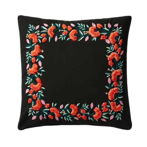 Abstract Floral Border Pillow, Black