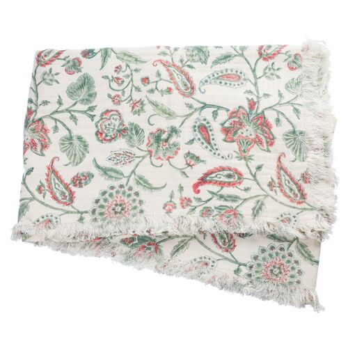 Kerr Cotton Throw, Green/Coral 1 Kerr Cotton Throw, Green/Coral