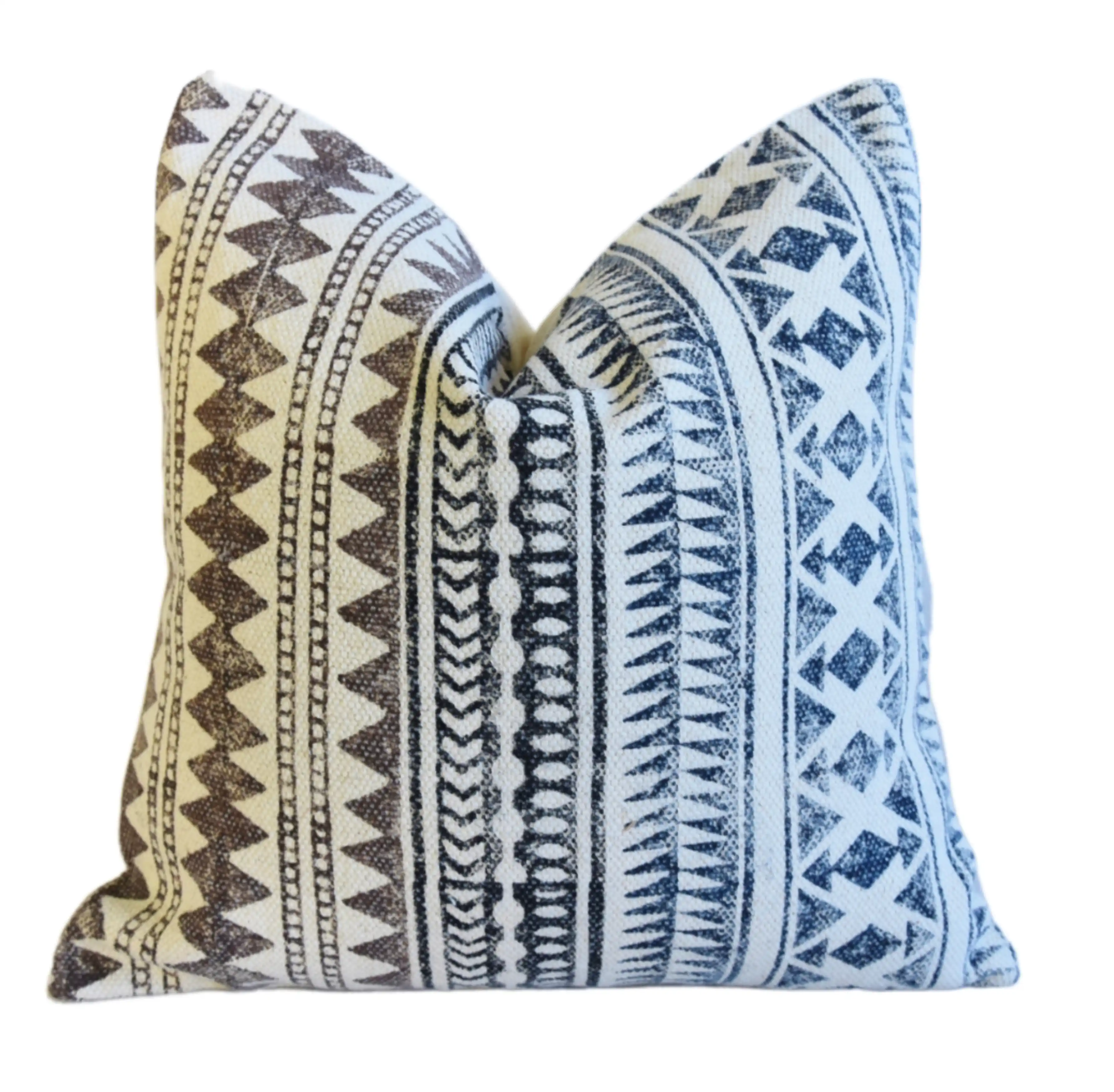 Hand-Printed Blue/Brown Cotton Pillow 1 Hand-Printed Blue/Brown Cotton Pillow