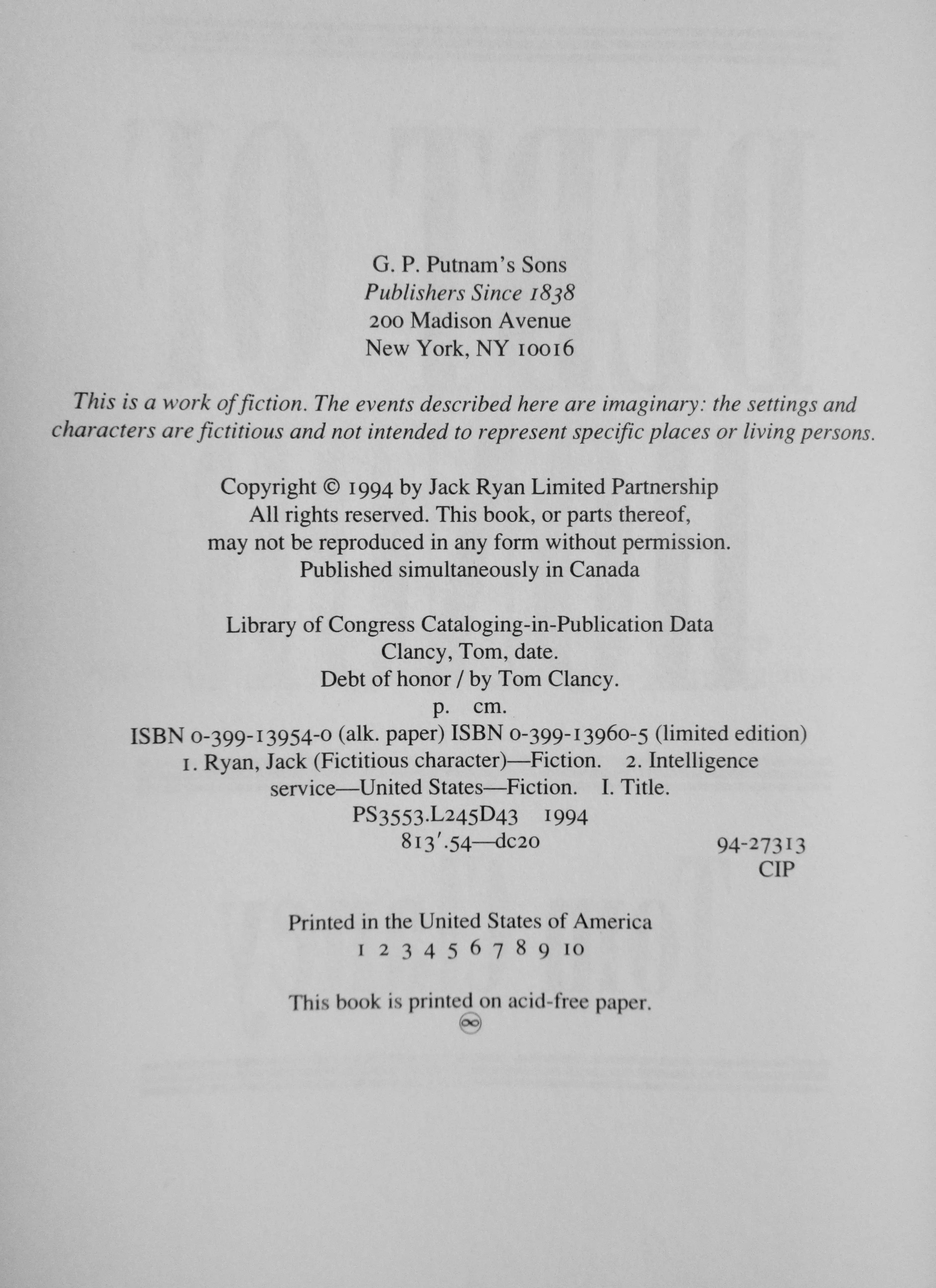 Debt of HonorTom ClancyFirst Edition 3 Debt of HonorTom ClancyFirst Edition