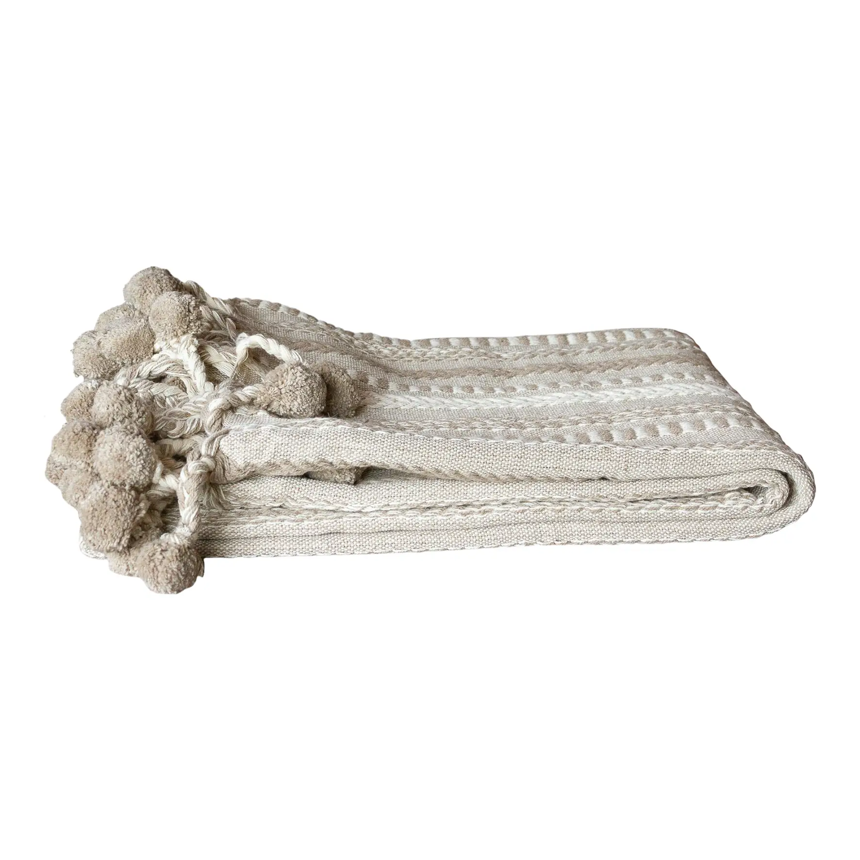 Beige Handloomed Cotton Pom-Pom Throw