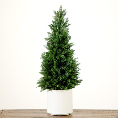 3ft. UV Resistant Artificial Cedar Tree, Decorative White Planter 9 3ft. UV Resistant Artificial Cedar Tree, Decorative White Planter