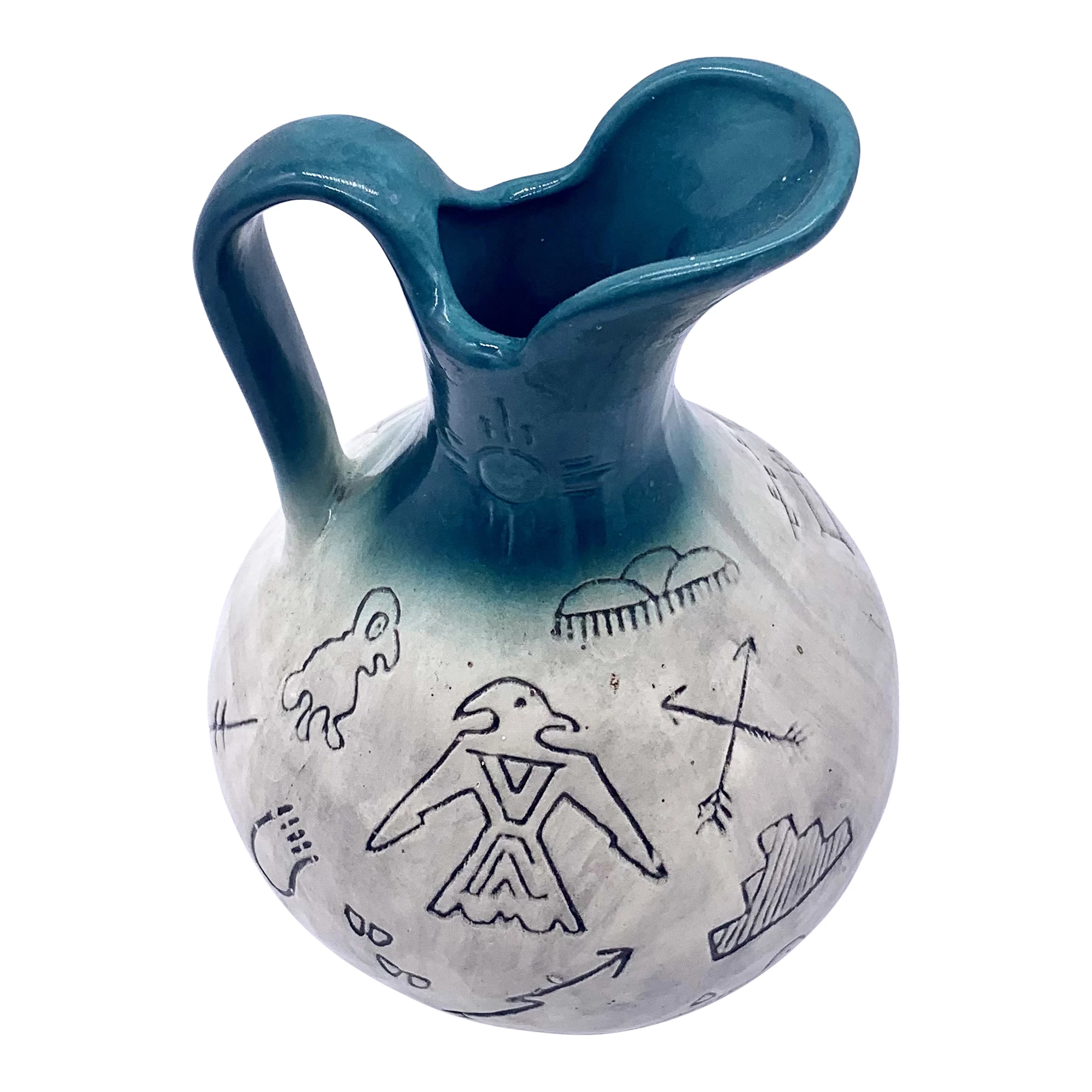 Midcentury Carved Pottery Pitcher Vase 2 Midcentury Carved Pottery Pitcher Vase